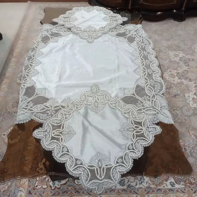 رومیزی مربع کریستال دوزی مخمل دانتل سه تکه ترک طرح گندم — تصویر ۲