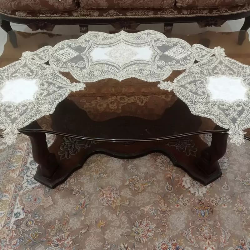 رومیزی مخمل دانتل جدید سه تکه ترک طرح داماک — تصویر ۸