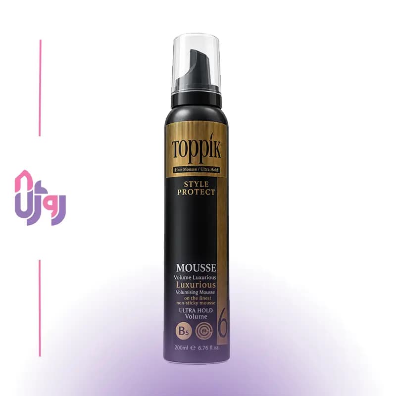 اسپری حالت دهنده مو تاپیک Toppik مدل موس حجمدهنده و حالتدهنده فوق قوی Hair Filler Style Protect Ultra Hold Volume Mousse 6 حجم 200 میل