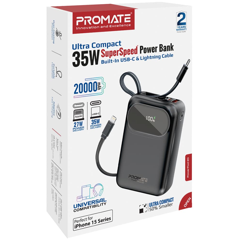 پاوربانک پرومیت فست شارژ 35W مدل PowerPod-20 ظرفیت 20000 میلی آمپر ساعت — تصویر ۲