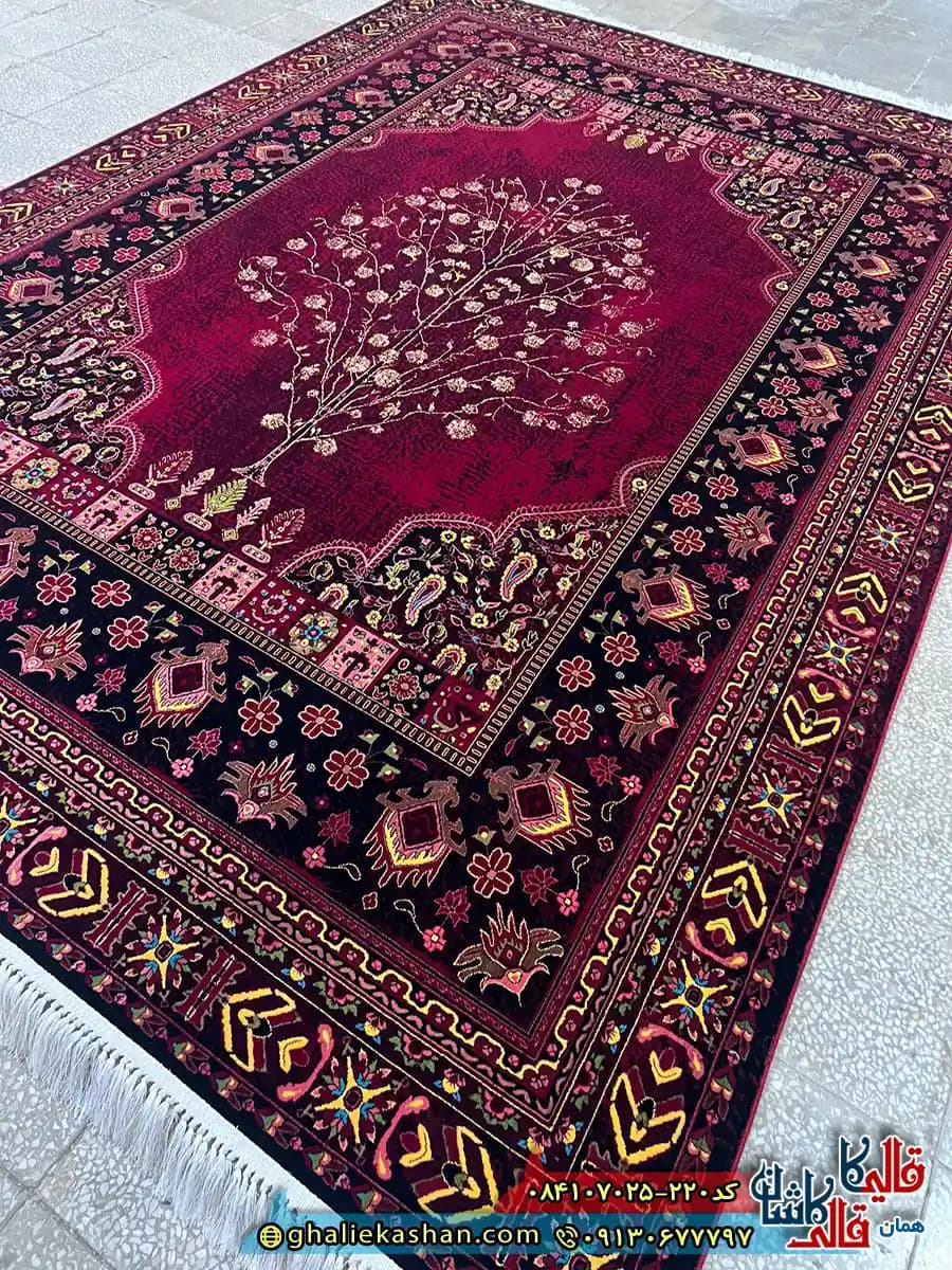 فرش 700 شانه طرح زندگی رنگ قرمز روناسی کاشان — تصویر ۳