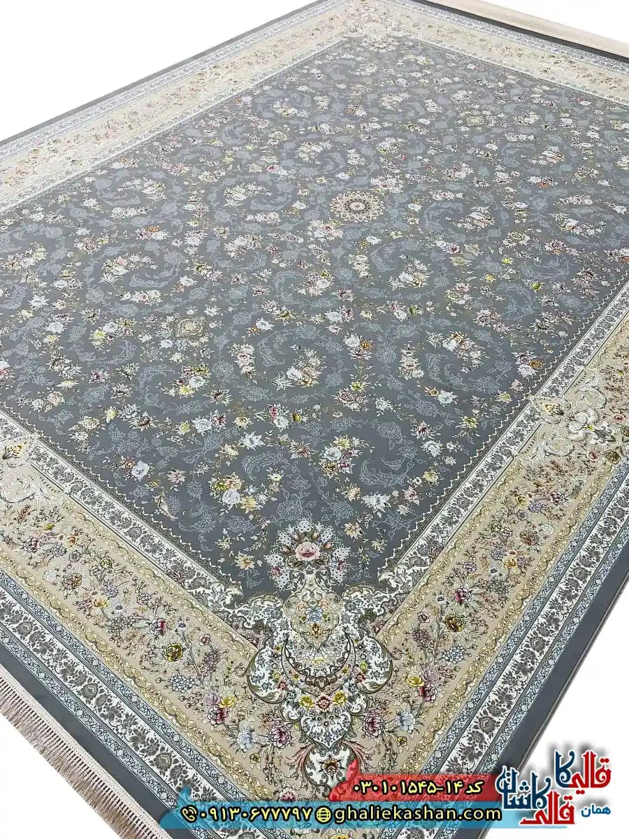 فرش 1500 شانه طرح افشان پروانه رنگ طوسی کاشان — تصویر ۲