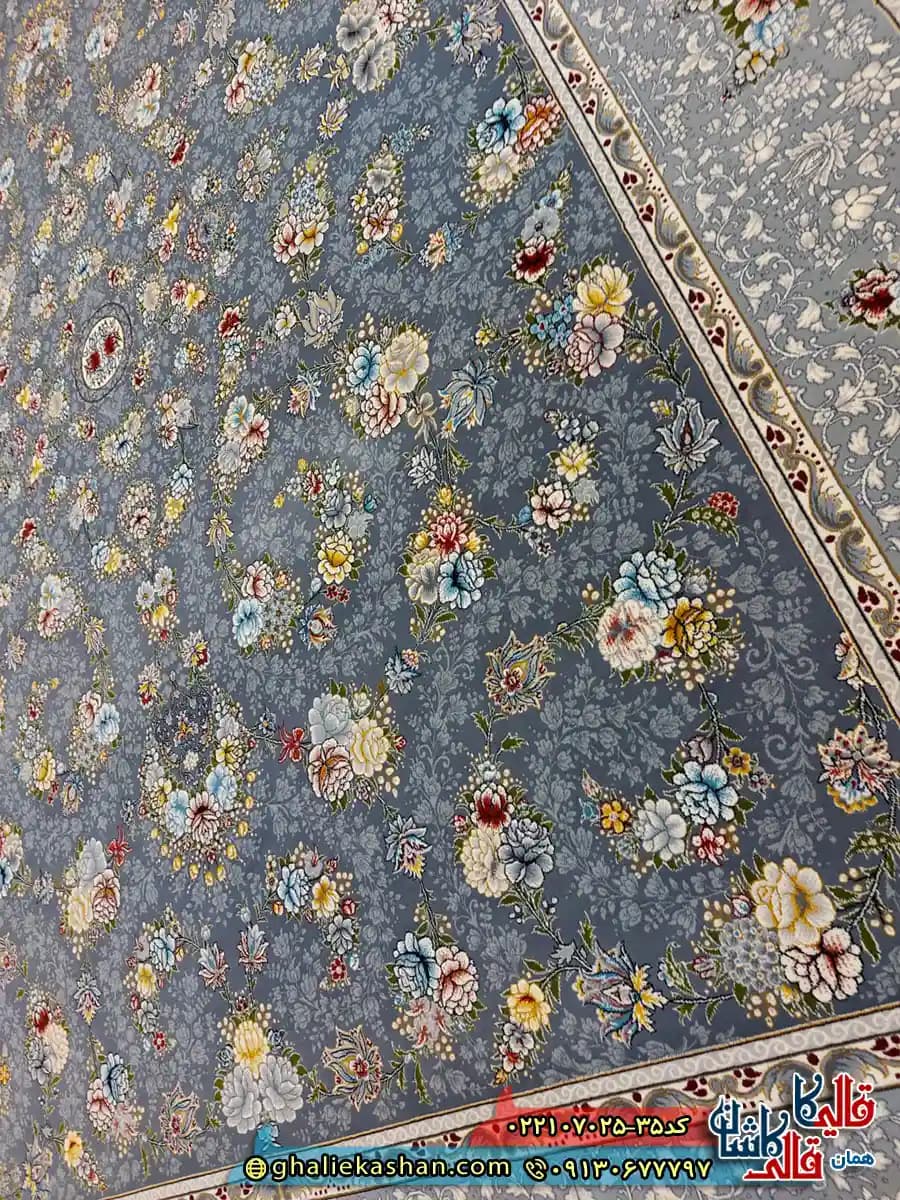 فرش 700 شانه طرح افشان رز رنگ طوسی دودی کاشان — تصویر ۷