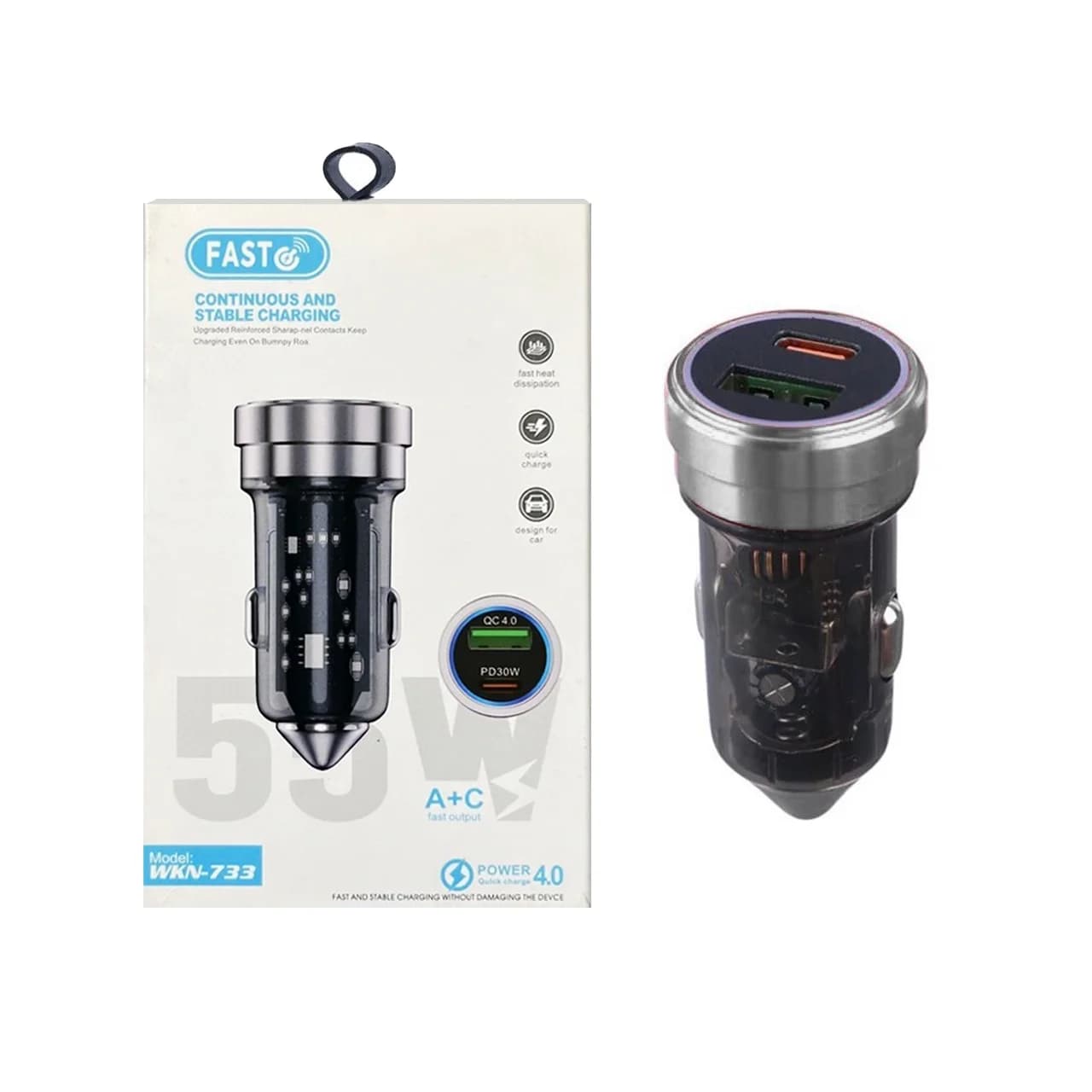 شارژر فندکی PD و فست دو پورت مدل WKN-733 55W – نقره ای مشکی – RYL