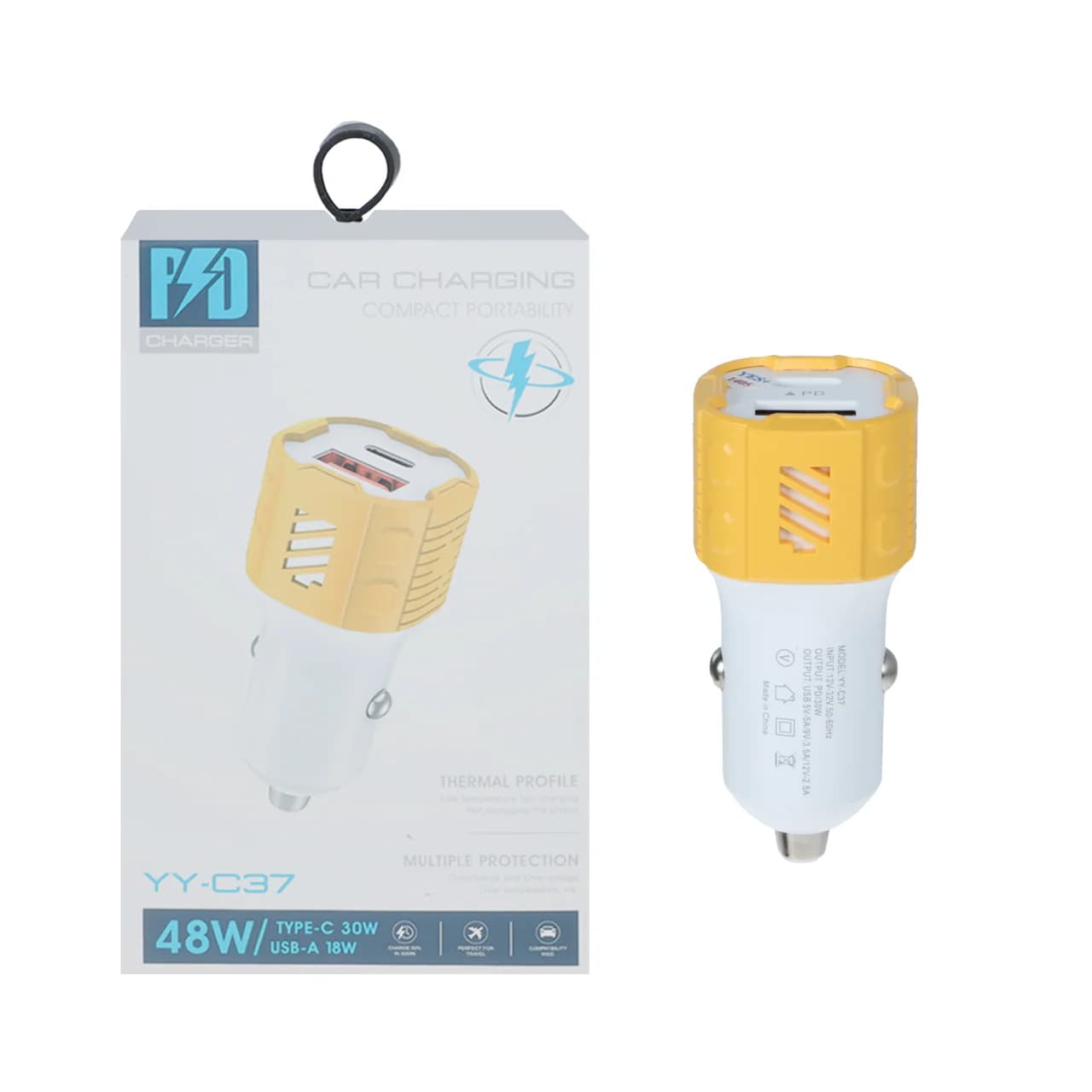 شارژر فندکی PD و فست دو پورت مدل YY-C37 48W – سفید زرد – YSP