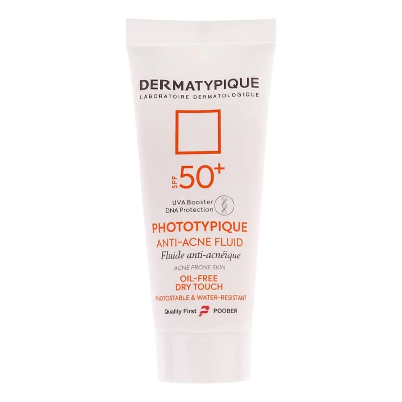فلوئید ضد آفتاب بدون رنگ درماتیپیک مدل anti acne محافظ UVA،UVB مناسب برای انواع پوست حجم 40 میلی لیتر