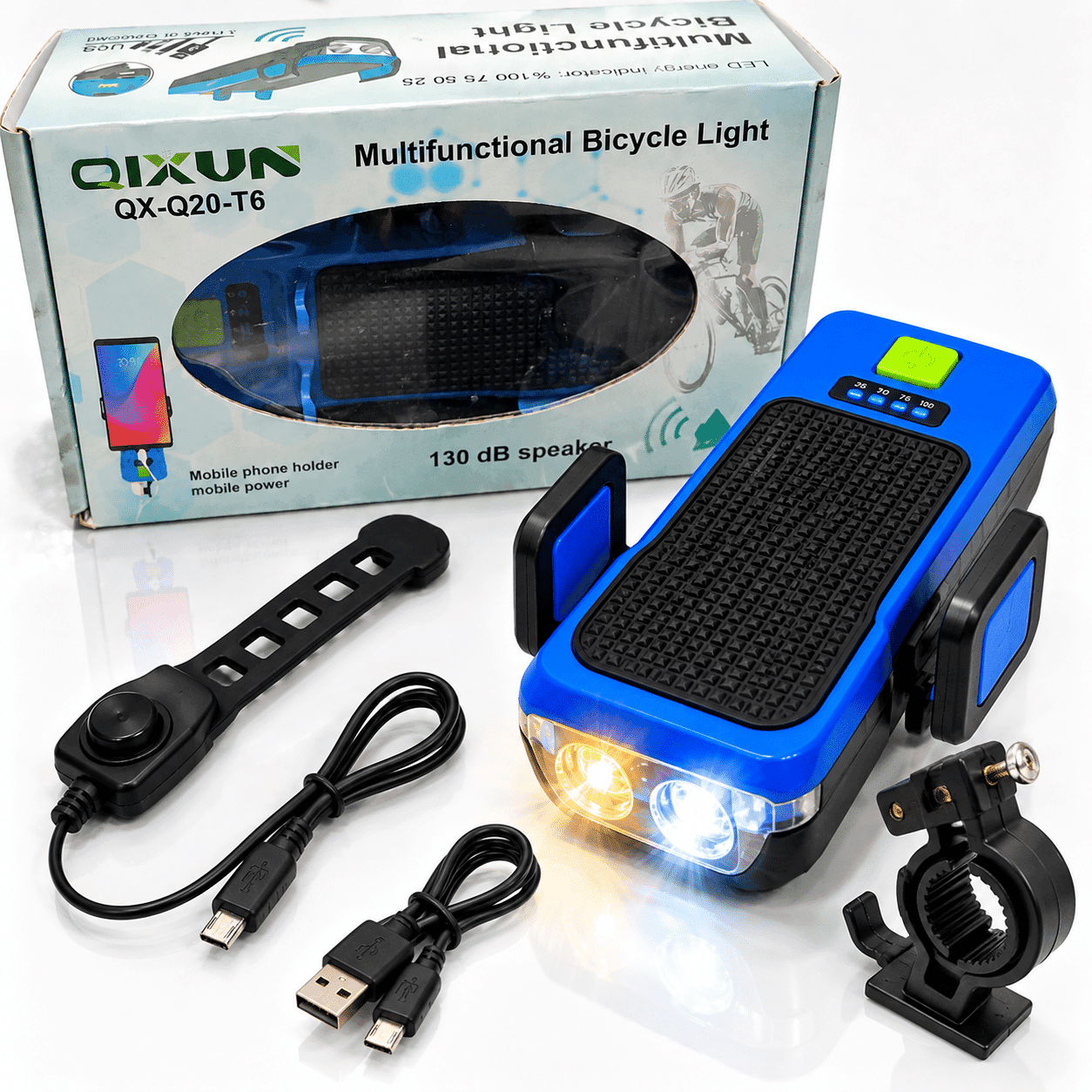 چراغ دوچرخه چهار کاره QIXUN QX-Q20-T6 | هولدر موبایل، پاوربانک و بوق