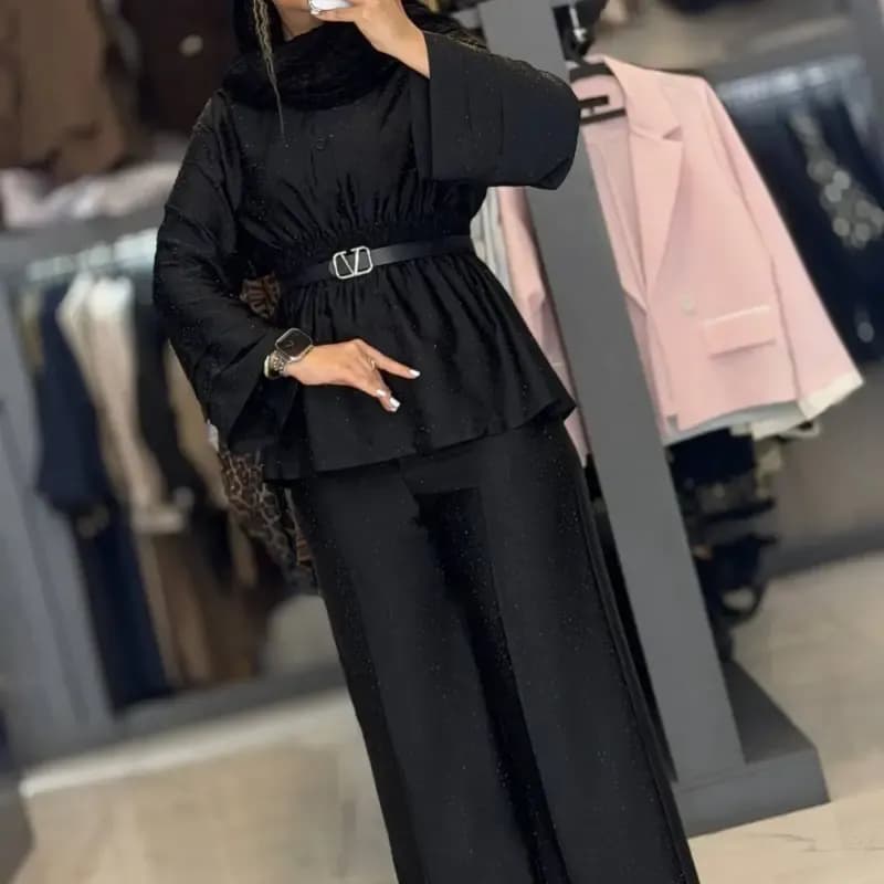 شومیز شلوار عروسکی مجلسی زنانه ساتن ویونا مشکی — تصویر ۵