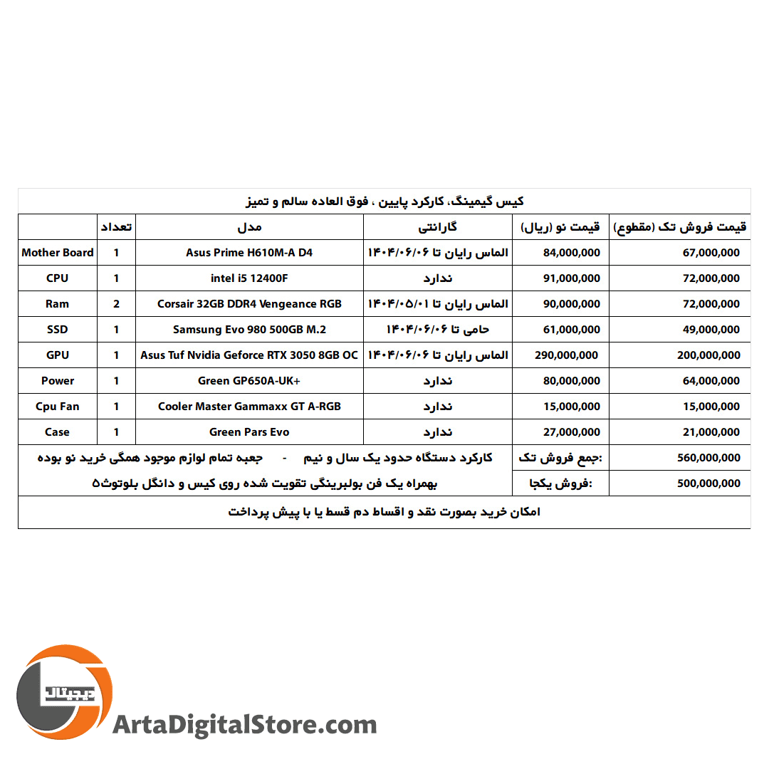 کیس اسمبل شده گیمینگ i5 12400F/64GB/500GB SSD/RTX 3050 — تصویر ۳