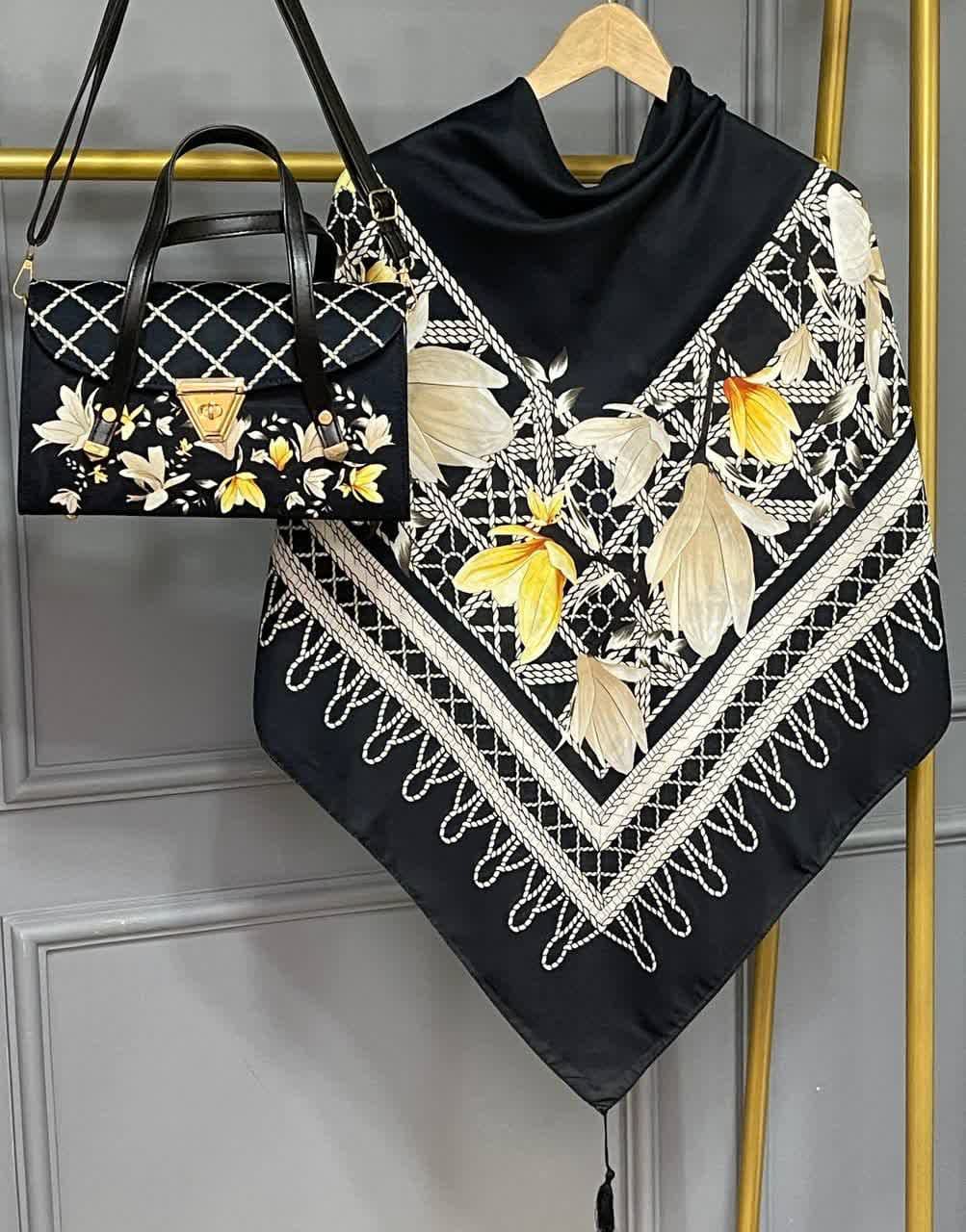 ست کیف و روسری زنانه طرح جدید لیلیوم مشکی زرد کیفیت عالی کد mo888