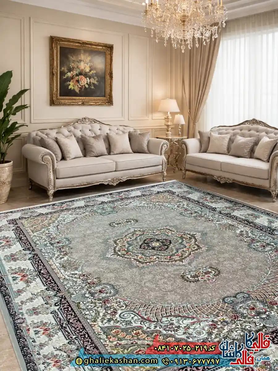 فرش 700 شانه طرح ژاکلین رنگ طوسی فیلی کاشان 