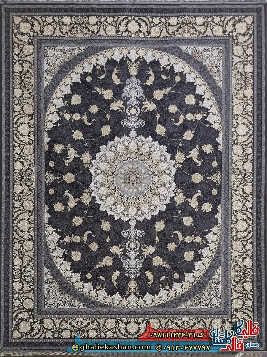 فرش طلاکوب 1200 شانه طرح گوناش رنگ طوسی دودی گل برجسته کاشان — تصویر ۲