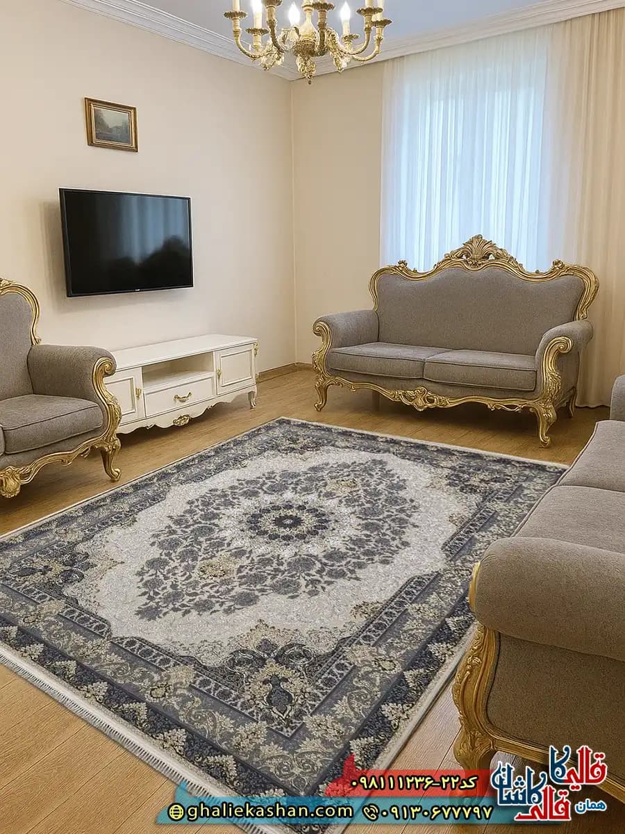 فرش طلاکوب 1200 شانه طرح عروس رنگ کرم صدفی گل برجسته کاشان