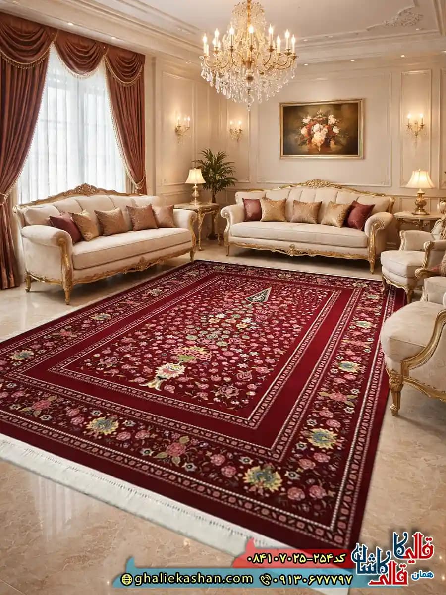 فرش 700 شانه طرح باغ گل رنگ قرمز کاشان