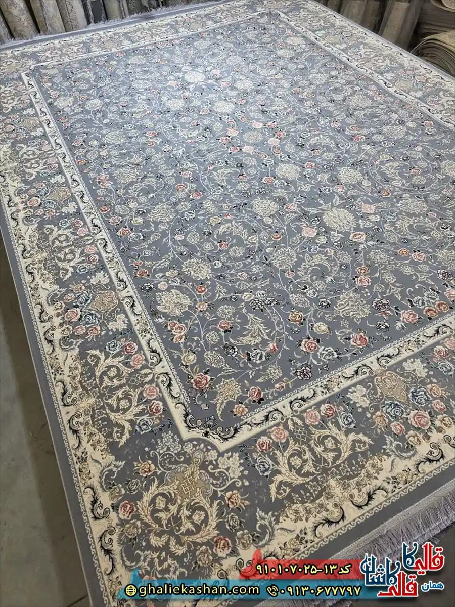 فرش کلاسیک 700 شانه طرح افشان ترلان رنگ طوسی کاشان — تصویر ۲