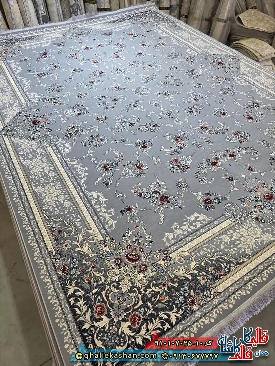 فرش کلاسیک طلاکوب 700 شانه طرح افشان وارتوش رنگ طوسی کاشان