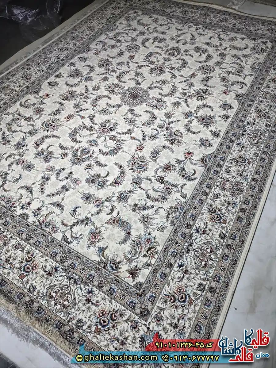 فرش کلاسیک 1200 شانه طرح افشان نگارین رنگ کرم 2 کاشان — تصویر ۲