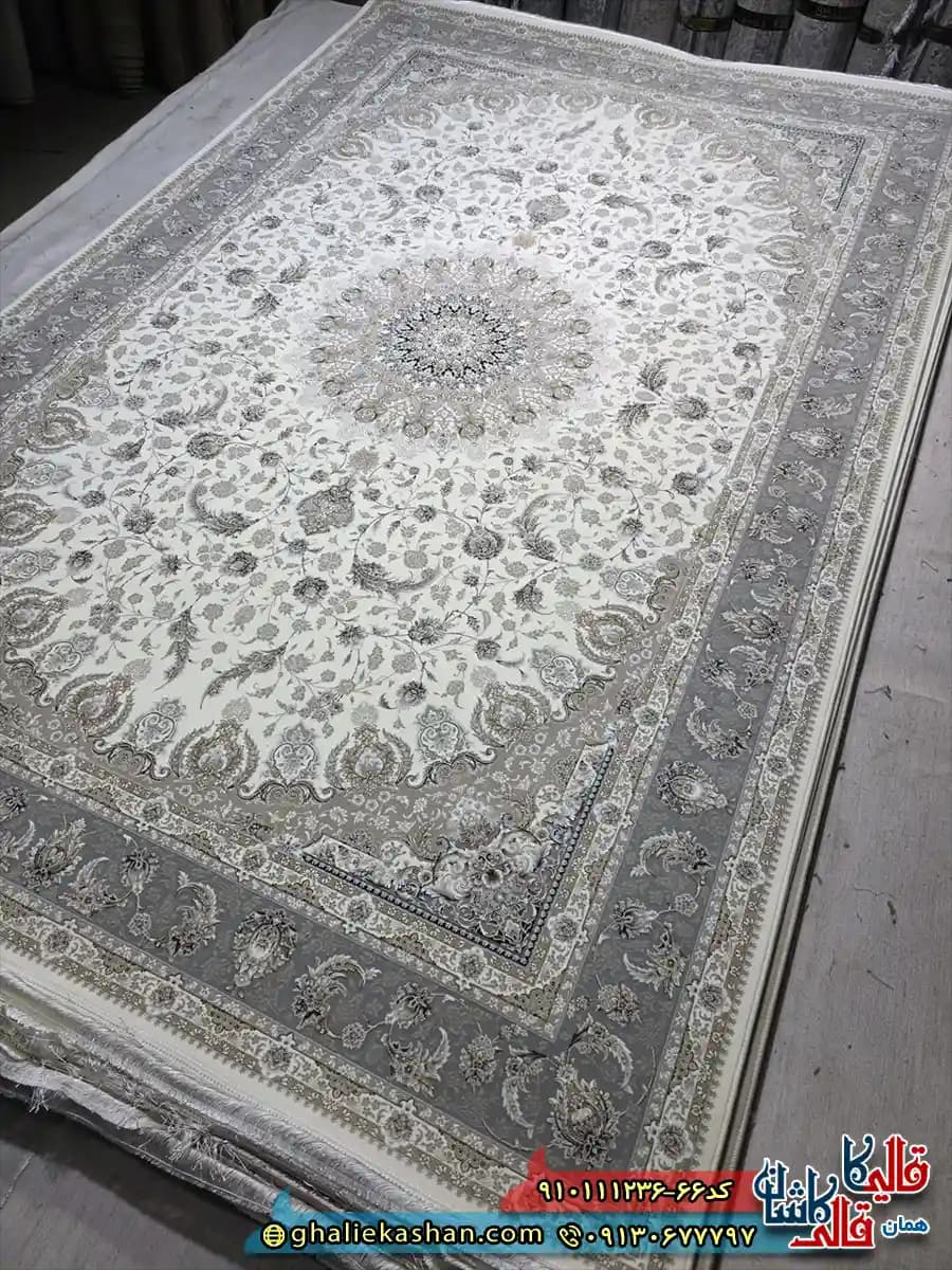 فرش کلاسیک 1200 شانه طرح اصفهان رنگ کرم گل برجسته کاشان