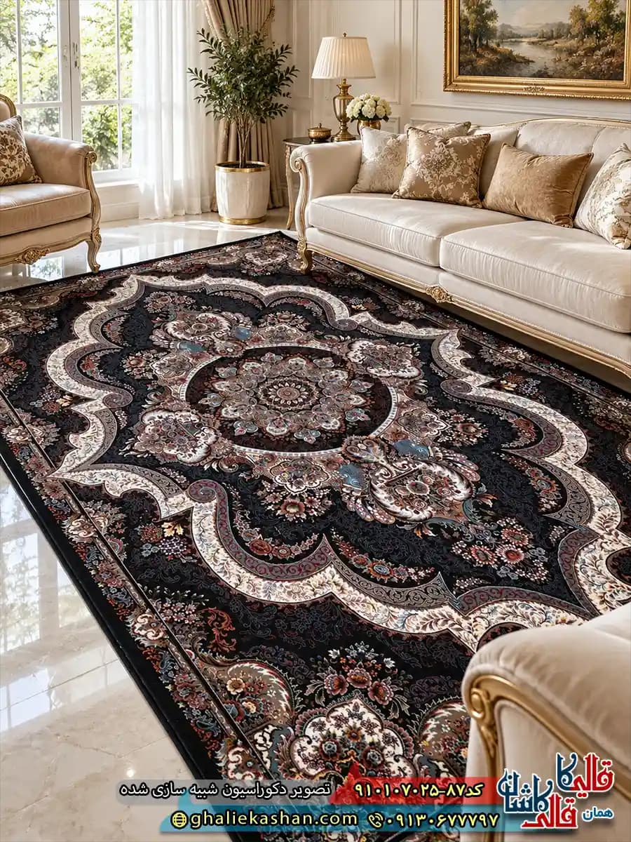 فرش کلاسیک 700 شانه طرح شهیاد رنگ سرمه ای کاشان