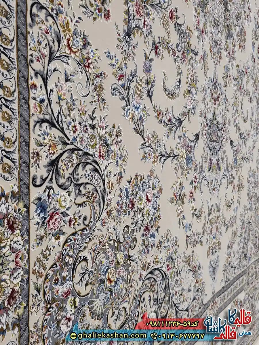 فرش 1200 شانه طرح میراث رنگ کرم صدفی گل برجسته کاشان — تصویر ۵