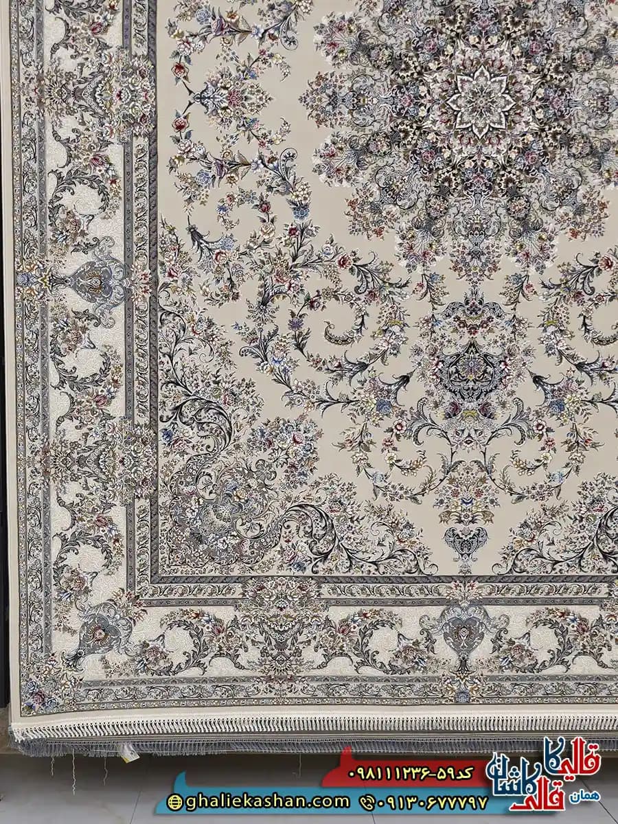 فرش 1200 شانه طرح میراث رنگ کرم صدفی گل برجسته کاشان — تصویر ۳