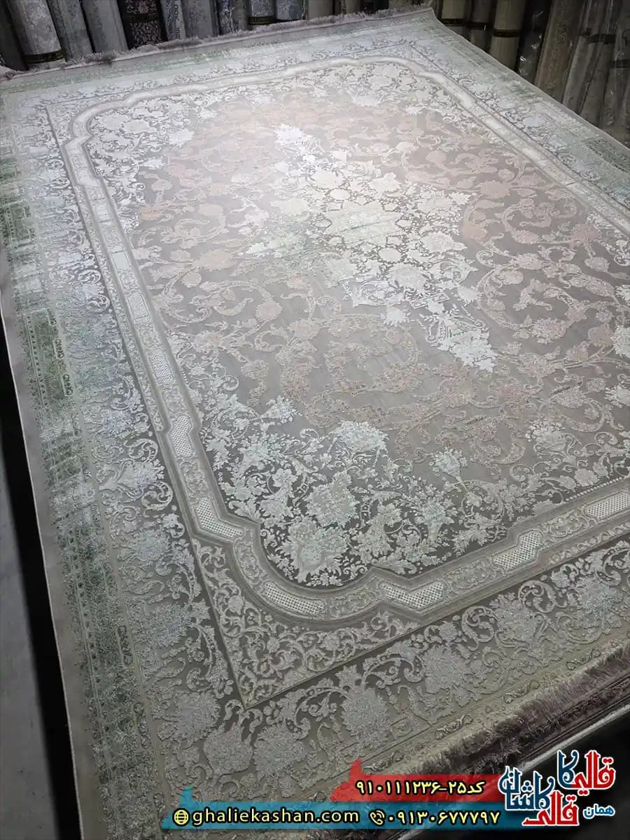 فرش وینتیج 1200 شانه طرح کاخ رنگ طوسی گل سبز گلبهی گل برجسته کاشان
