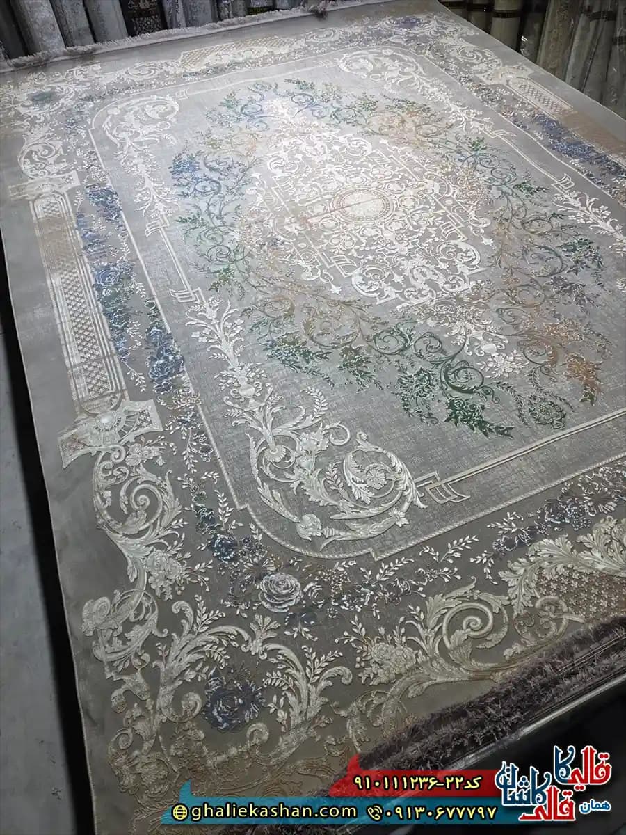 فرش وینتیج 1200 شانه طرح کاخ رنگ طوسی گل سبز آبی گل برجسته کاشان