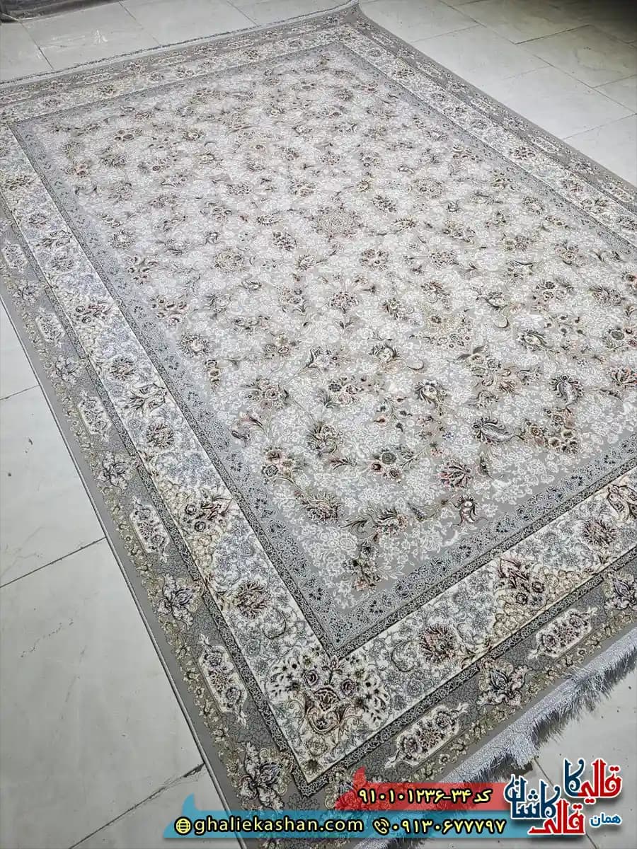فرش کلاسیک 1200 شانه طرح افشان شاهرخ رنگ طوسی فیلی کاشان