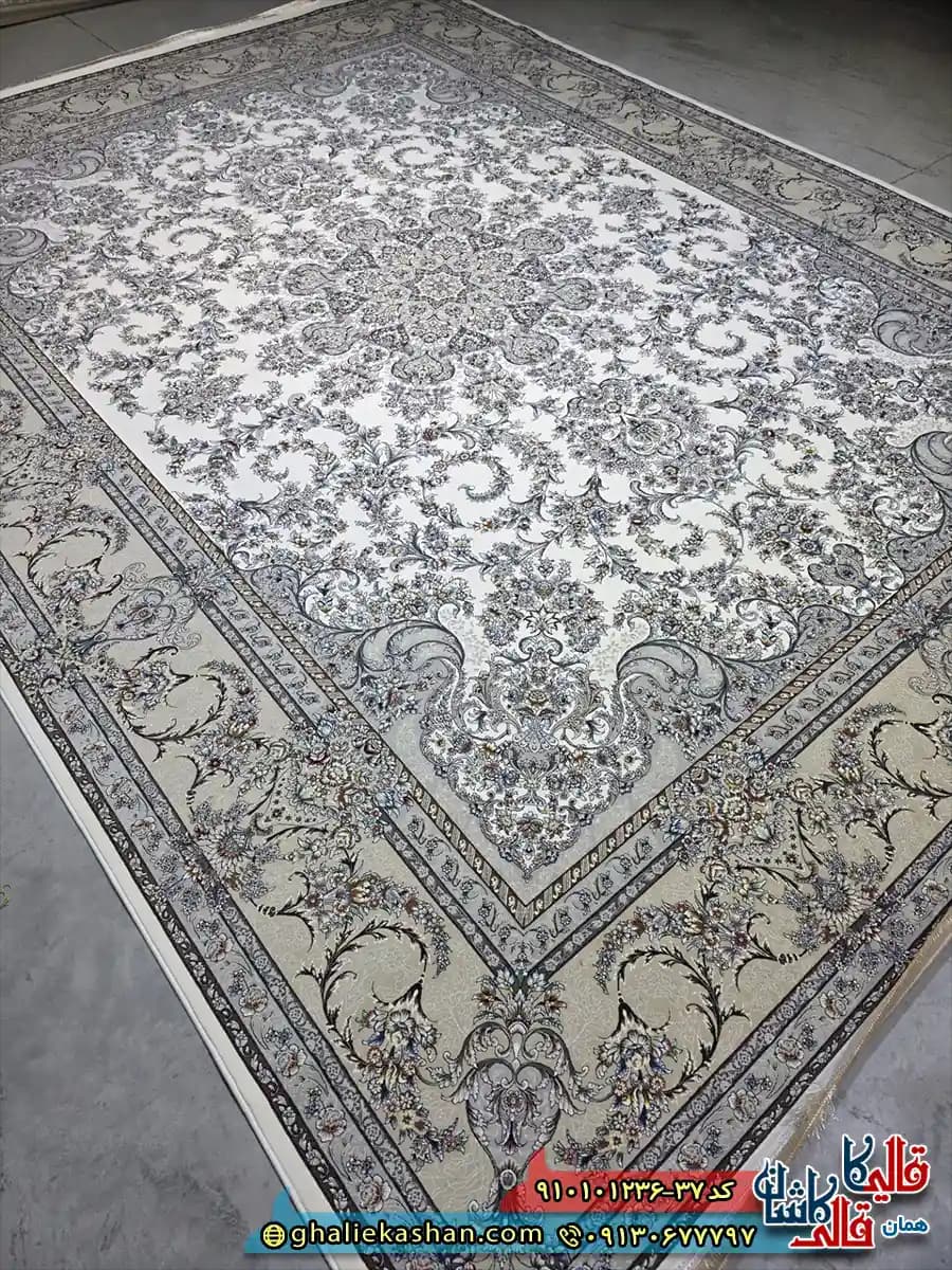 فرش کلاسیک 1200 شانه طرح تابان رنگ کرم کاشان
