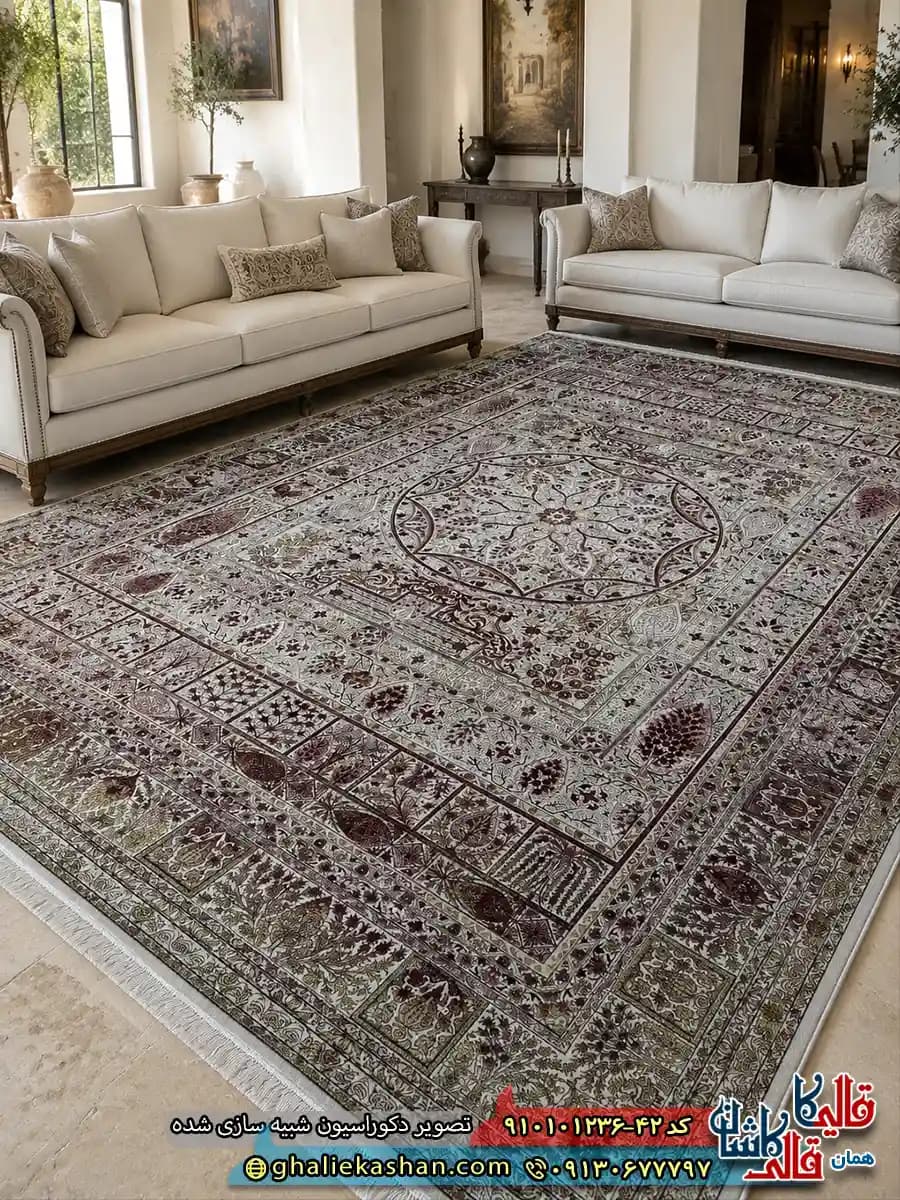 فرش وینتیج سنتی 1200 شانه خشتی طرح ترنجبین رنگ طوسی نقره ای قرمز کاشان