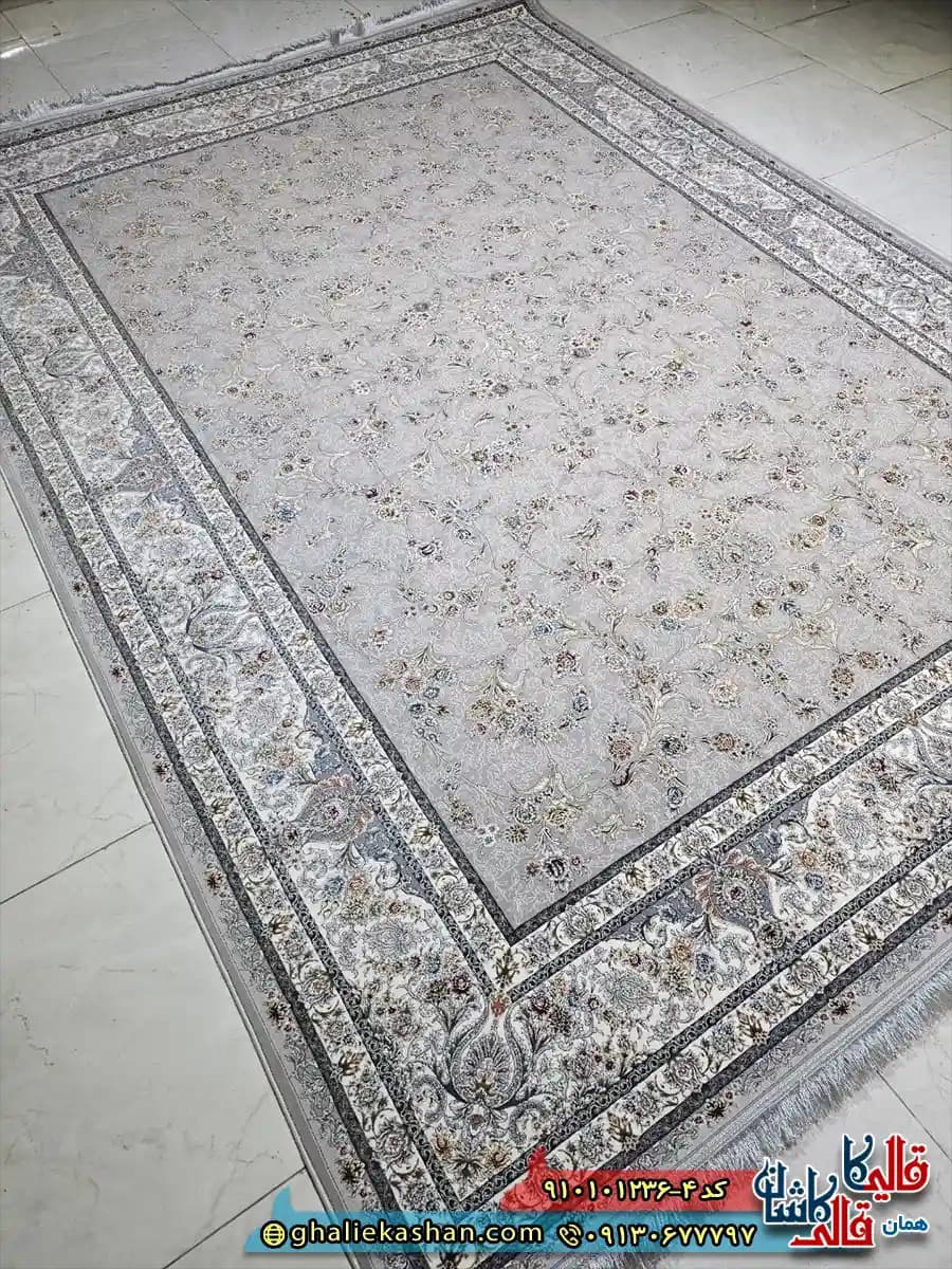 فرش کلاسیک 1200 شانه طرح افشان روشنک رنگ طوسی فیلی کاشان