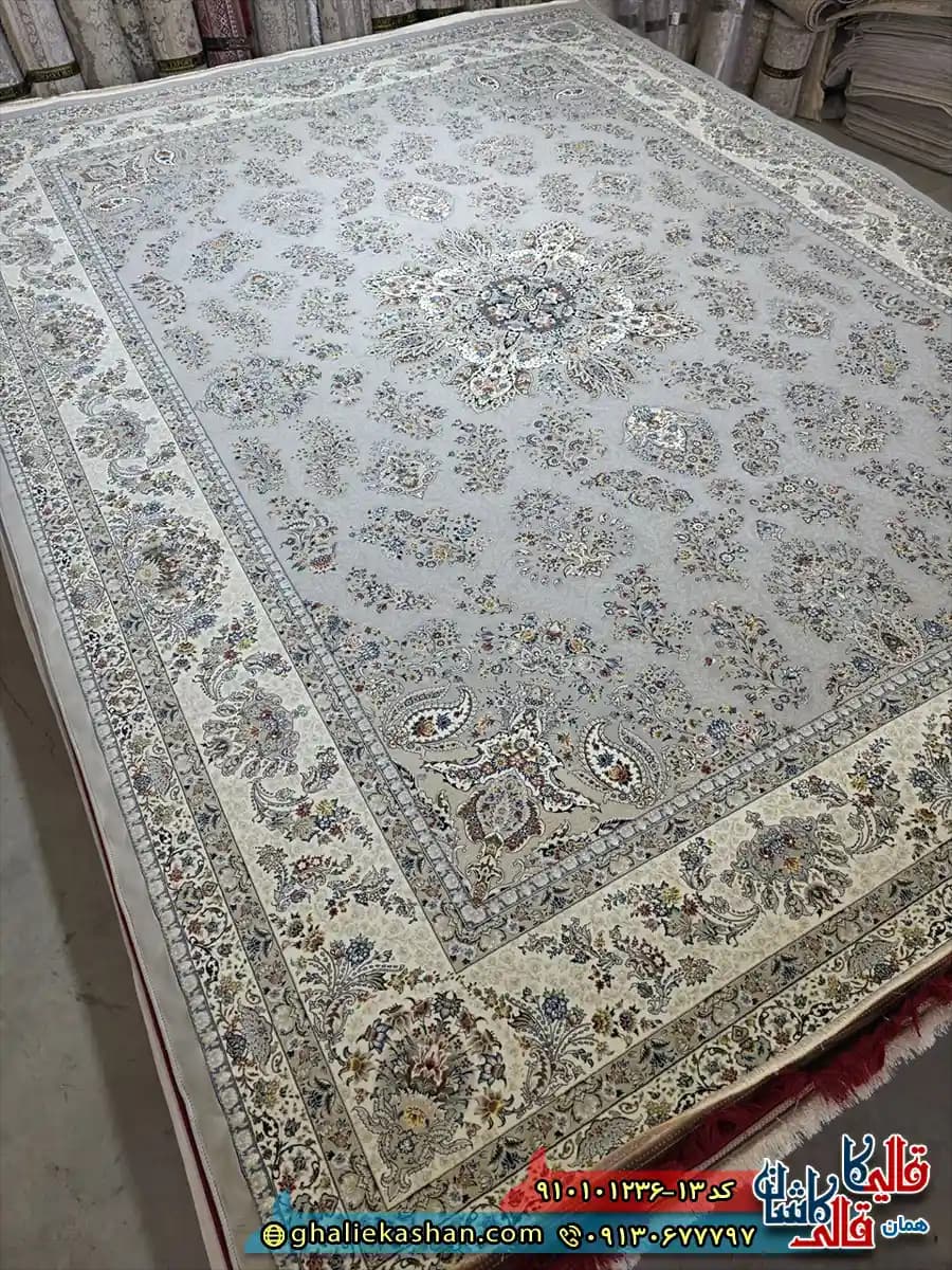 فرش کلاسیک 1200 شانه طرح شهداد رنگ طوسی فیلی کاشان — تصویر ۲