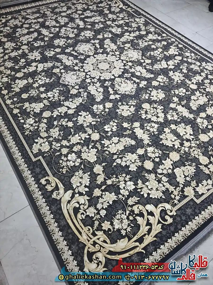 فرش طلاکوب 1200 شانه طرح افشان گندم رنگ مشکی زغالی گل برجسته کاشان