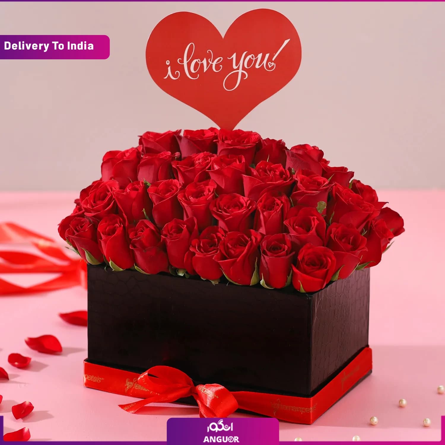 باکس گل رز قرمز 50 شاخه (تحویل در هند)