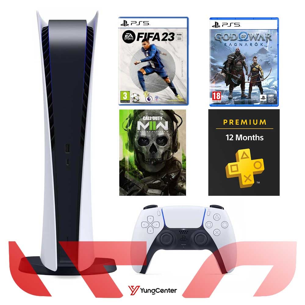 پلی استیشن 5 دیجیتال + بازی fifa 23+ بازی god of war ragnarok + بازی mw2 + اشتراک پرمیوم