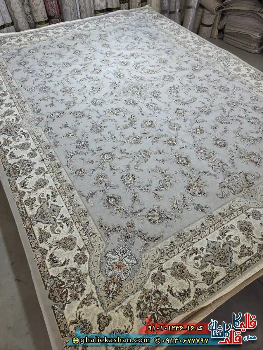 فرش کلاسیک 1200 شانه طرح افشان سودابه رنگ طوسی فیلی کاشان
