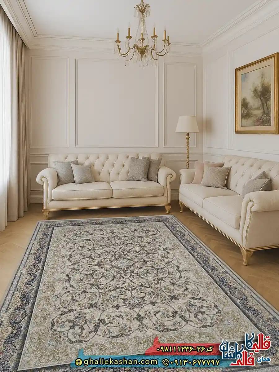فرش 1200 شانه طرح افشان مهتاب رنگ کرم گل برجسته کاشان