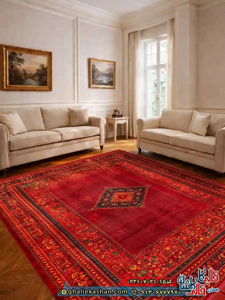 فرش سنتی 700 شانه طرح روشا رنگ قرمز روناسی کاشان