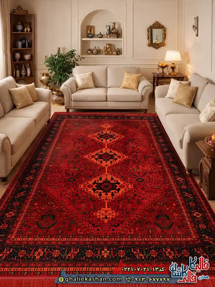 فرش سنتی 700 شانه طرح دلارز رنگ قرمز لاکی کاشان