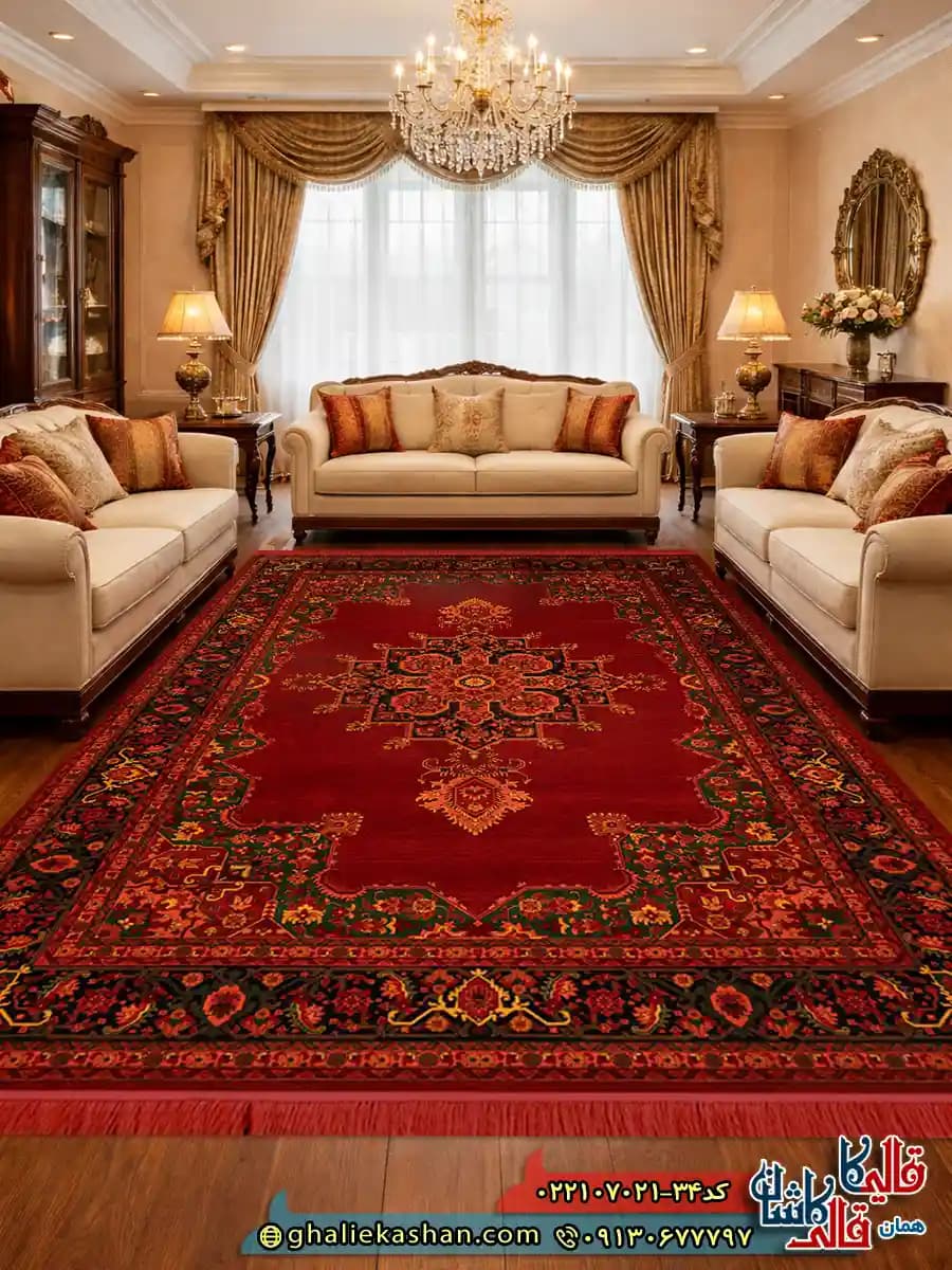 فرش سنتی 700 شانه طرح هلنیوم رنگ قرمز لاکی کاشان