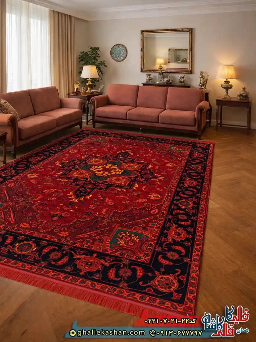 فرش سنتی 700 شانه طرح لونا رنگ قرمز لاکی کاشان