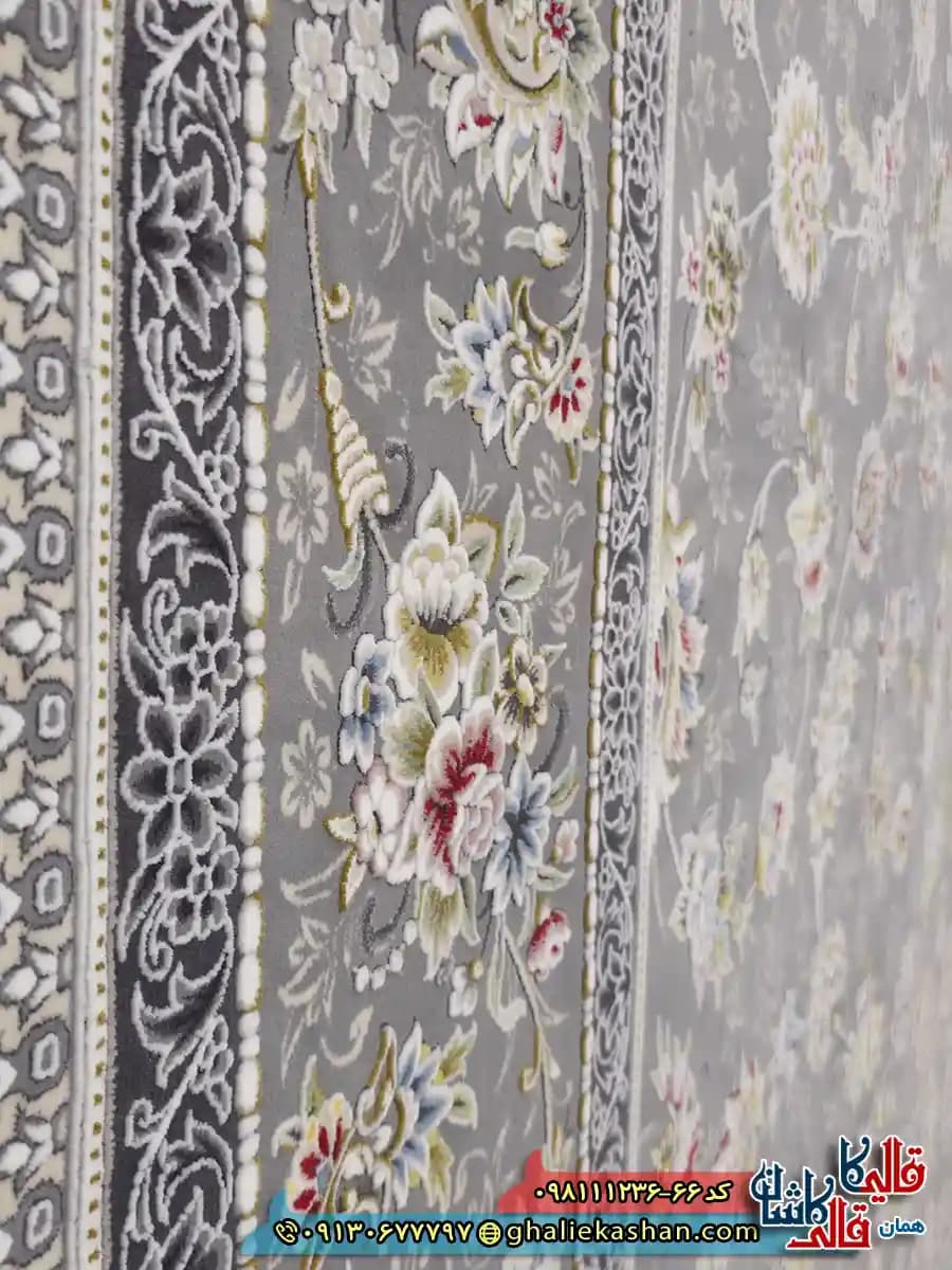 فرش 1200 شانه طرح افشان دلوین رنگ طوسی نقره ای گل برجسته کاشان — تصویر ۵