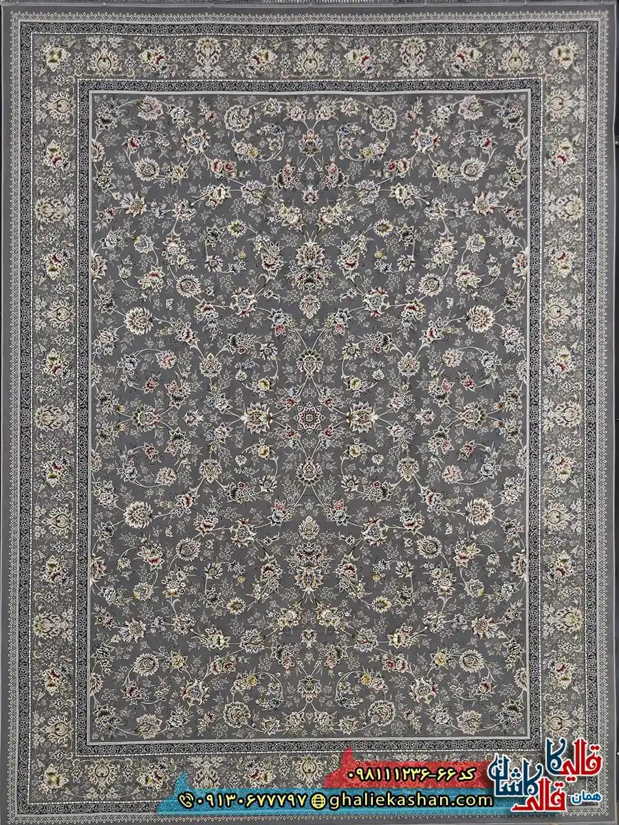 فرش 1200 شانه طرح افشان دلوین رنگ طوسی نقره ای گل برجسته کاشان — تصویر ۲