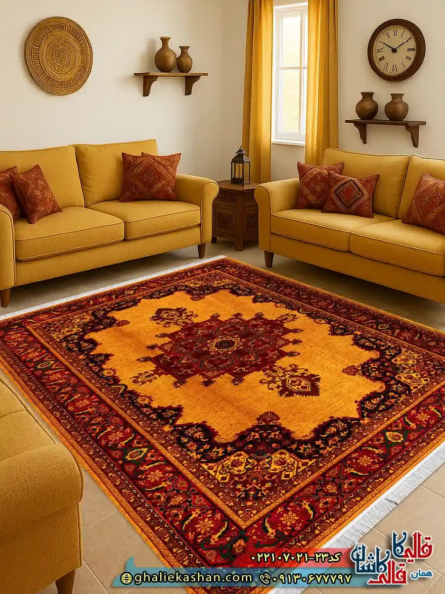 فرش سنتی 700 شانه طرح مرلین رنگ طلایی کاشان