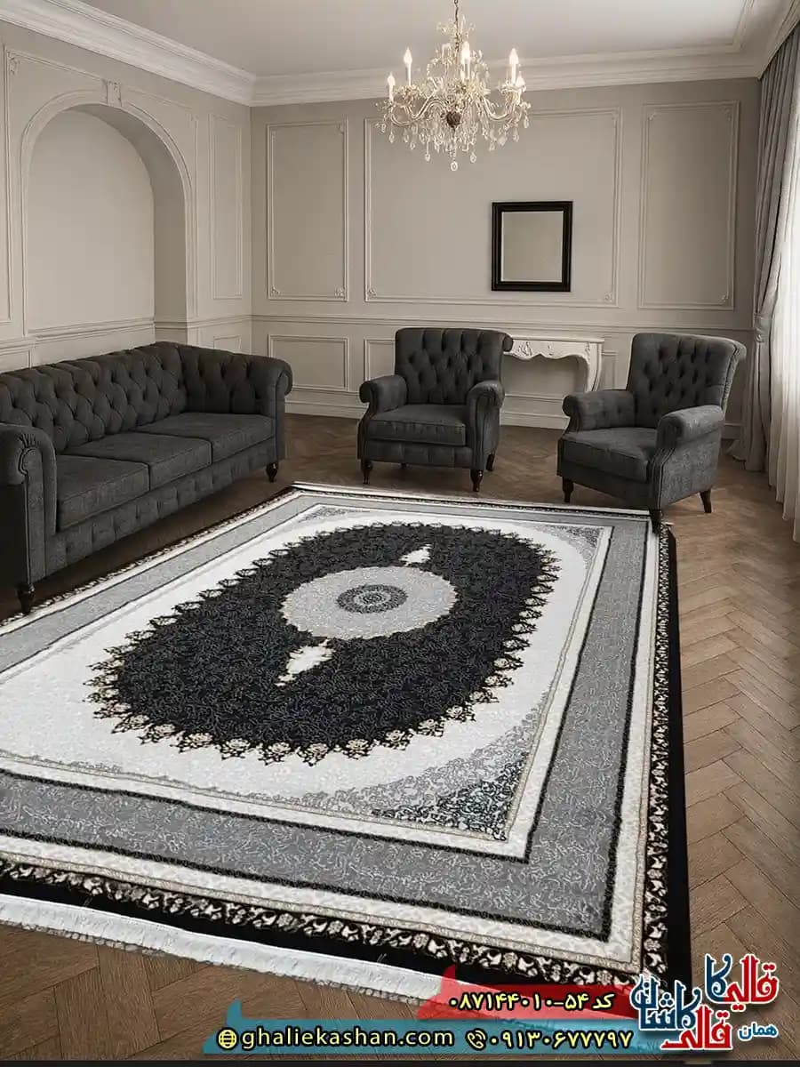 فرش ارزان طرح 700 شانه طرح ساحل رنگ مشکی سرمه ای کاشان
