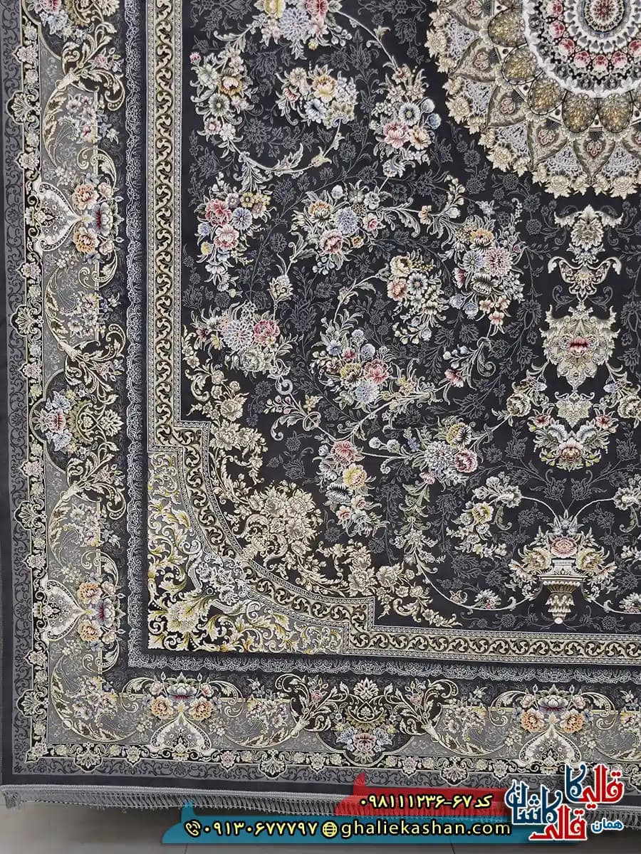 فرش 1200 شانه طرح الارز رنگ طوسی دودی گل برجسته کاشان — تصویر ۳