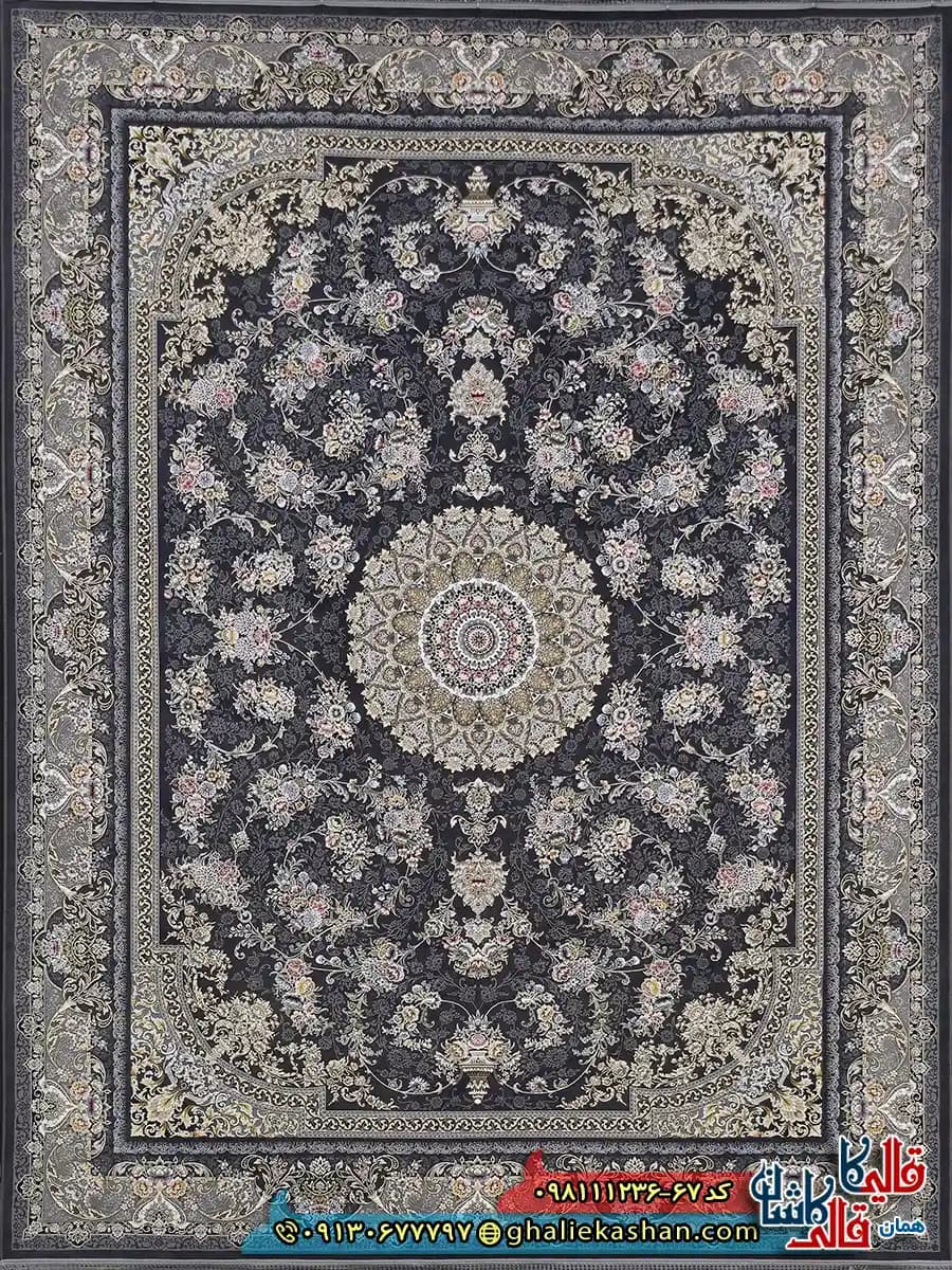 فرش 1200 شانه طرح الارز رنگ طوسی دودی گل برجسته کاشان — تصویر ۲