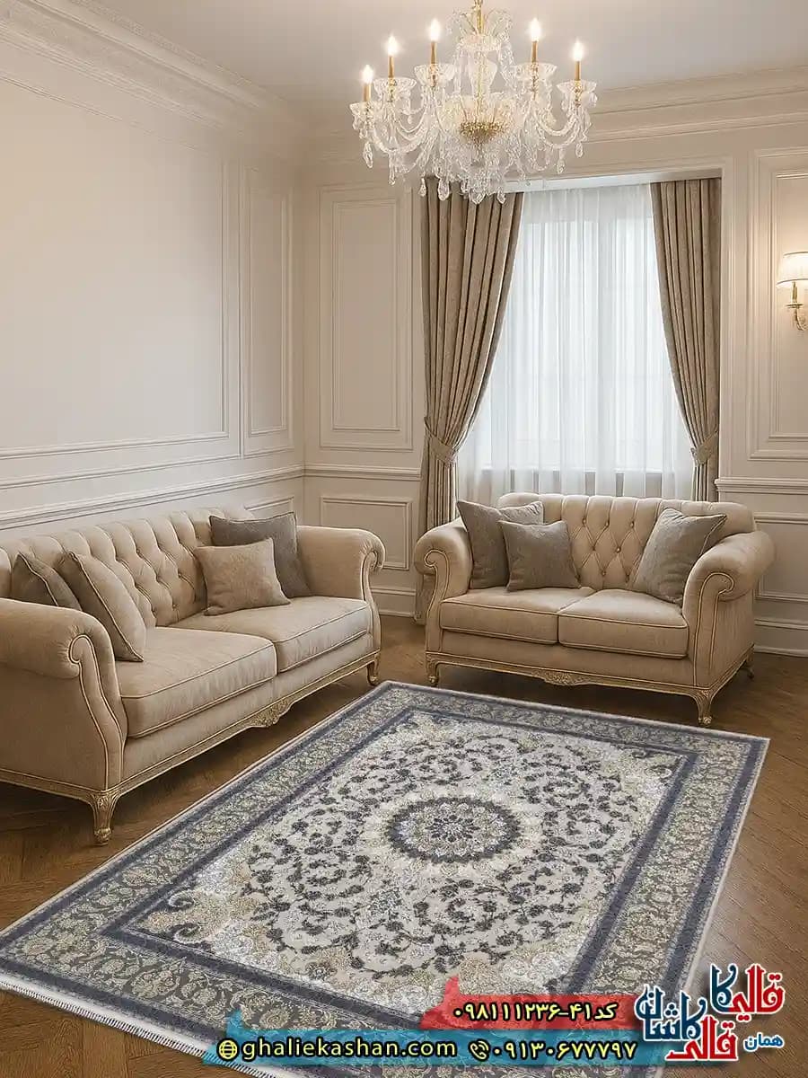 فرش طلاکوب 1200 شانه طرح شاهکار اصفهان رنگ کرم گل برجسته کاشان