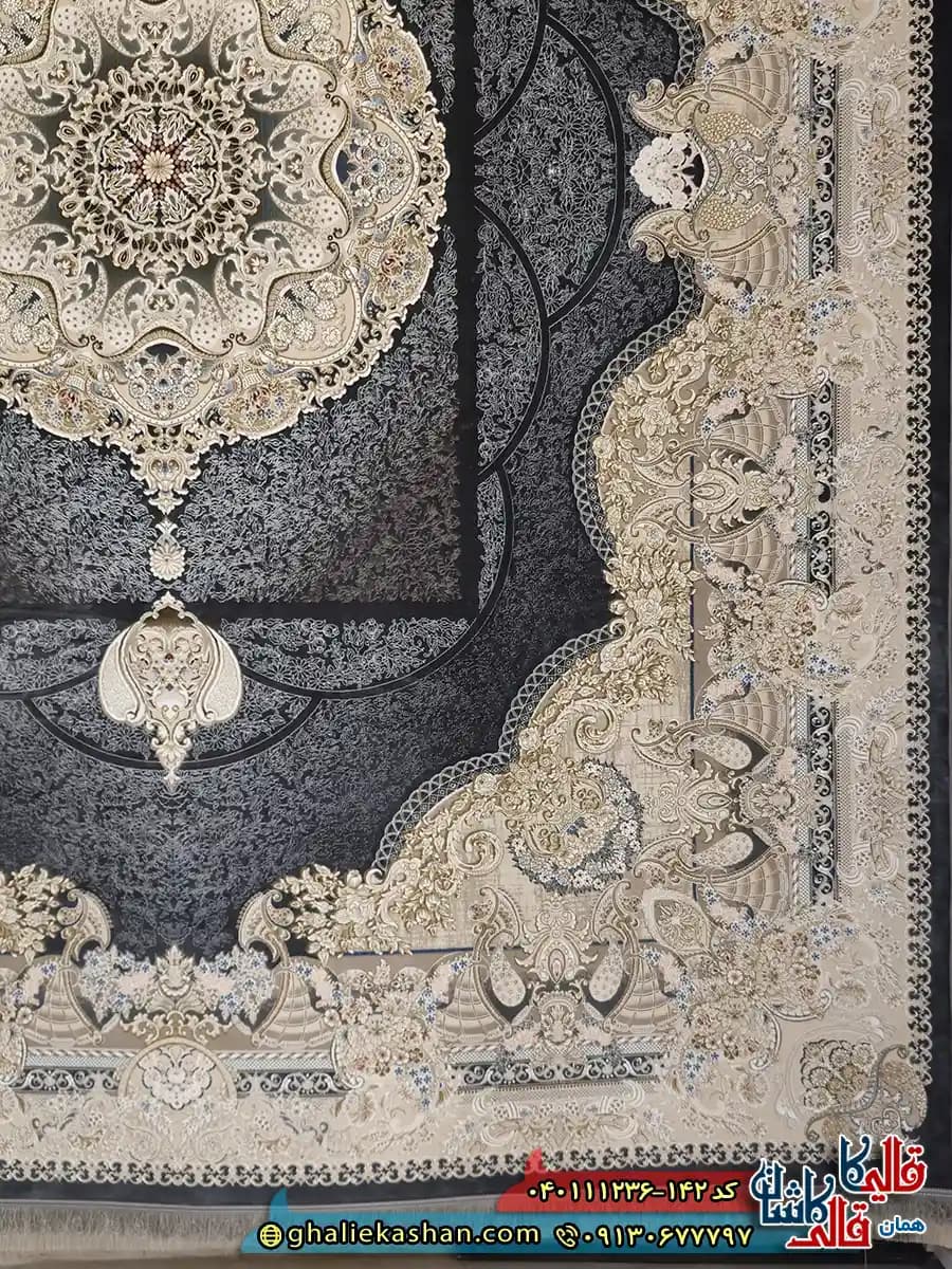 فرش 1200 شانه طرح آبادیس رنگ سرمه ای گل برجسته کاشان — تصویر ۳