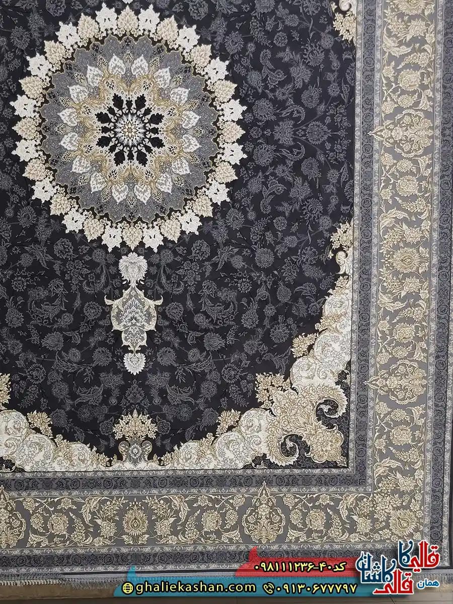 فرش طلاکوب 1200 شانه طرح شاهکار اصفهان رنگ طوسی دودی گل برجسته کاشان — تصویر ۳